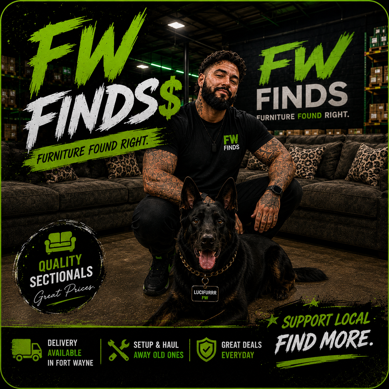 The owner of Fort Wayne Finds with his German Shepherd, Lucifurrr, at the Southwest Fort Wayne furniture showroom full of sectionals
