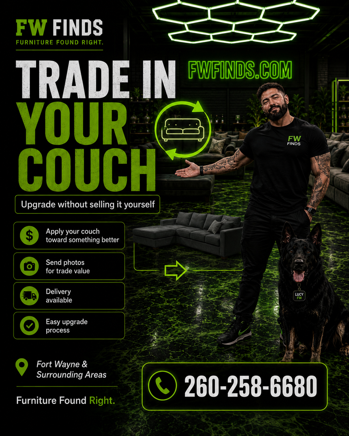 Trade in your couch with FW Finds — upgrade without selling it yourself. Call 260-258-6680.