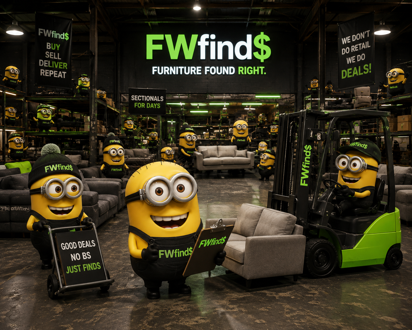 FW Finds warehouse crew graphic: good deals, no BS, just finds — sectionals for days
