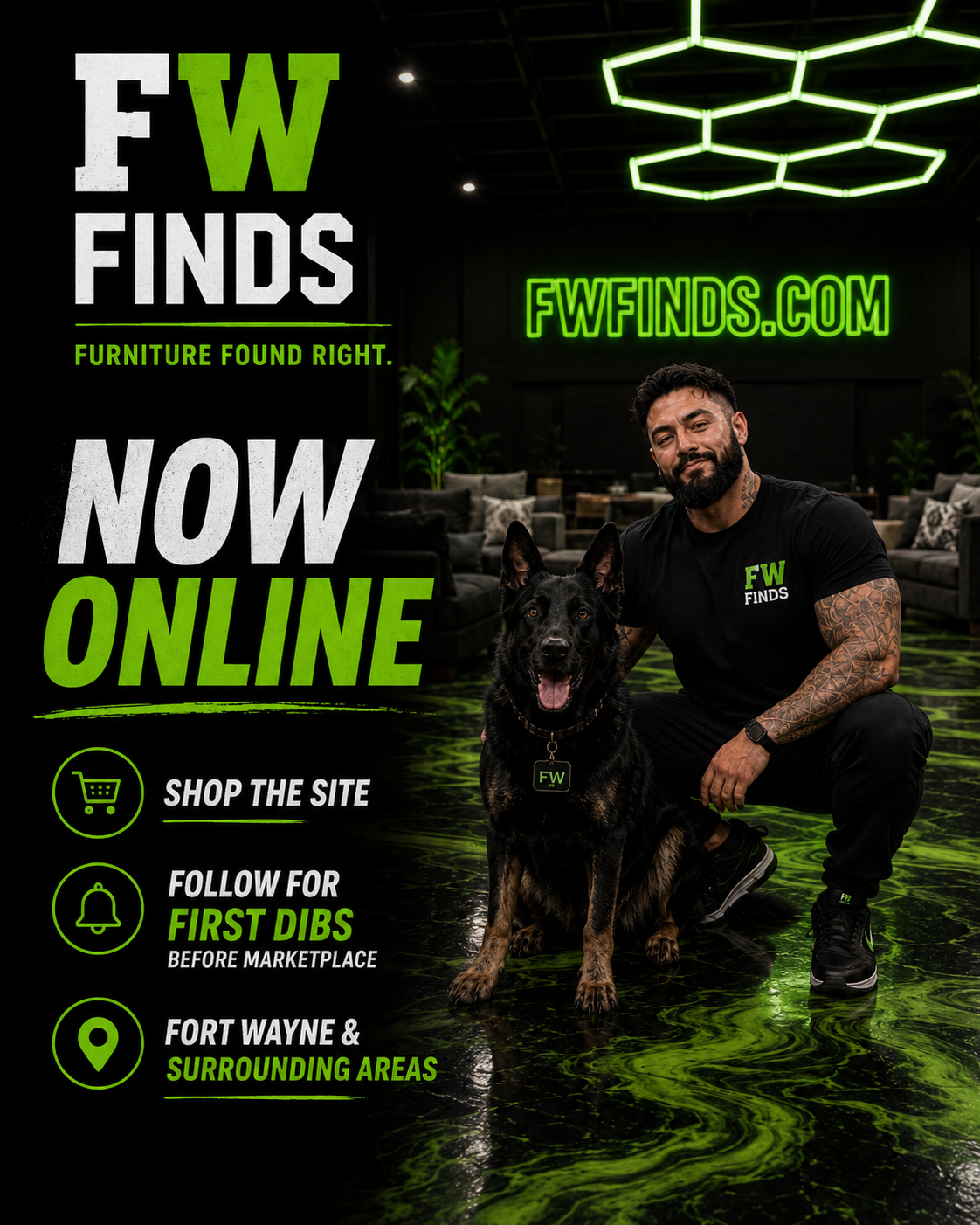 Fort Wayne Finds is now online — the owner and his German Shepherd in the neon-lit warehouse under the Fort Wayne Finds sign