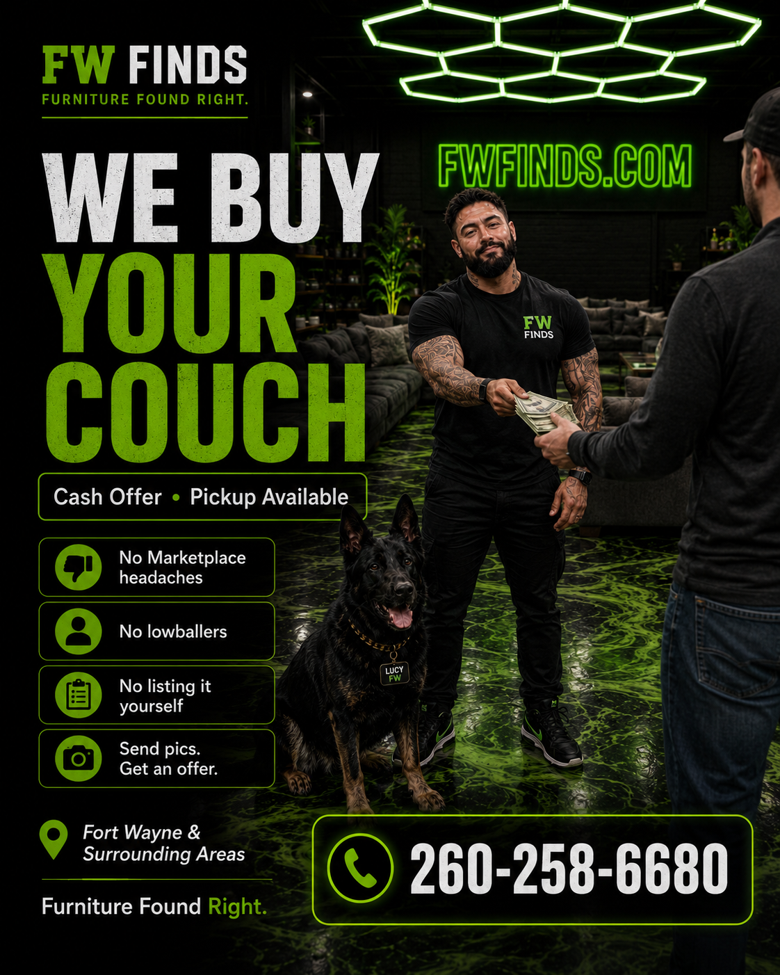 We buy your couch — FW Finds cash offer and pickup available in Fort Wayne. Call 260-258-6680.