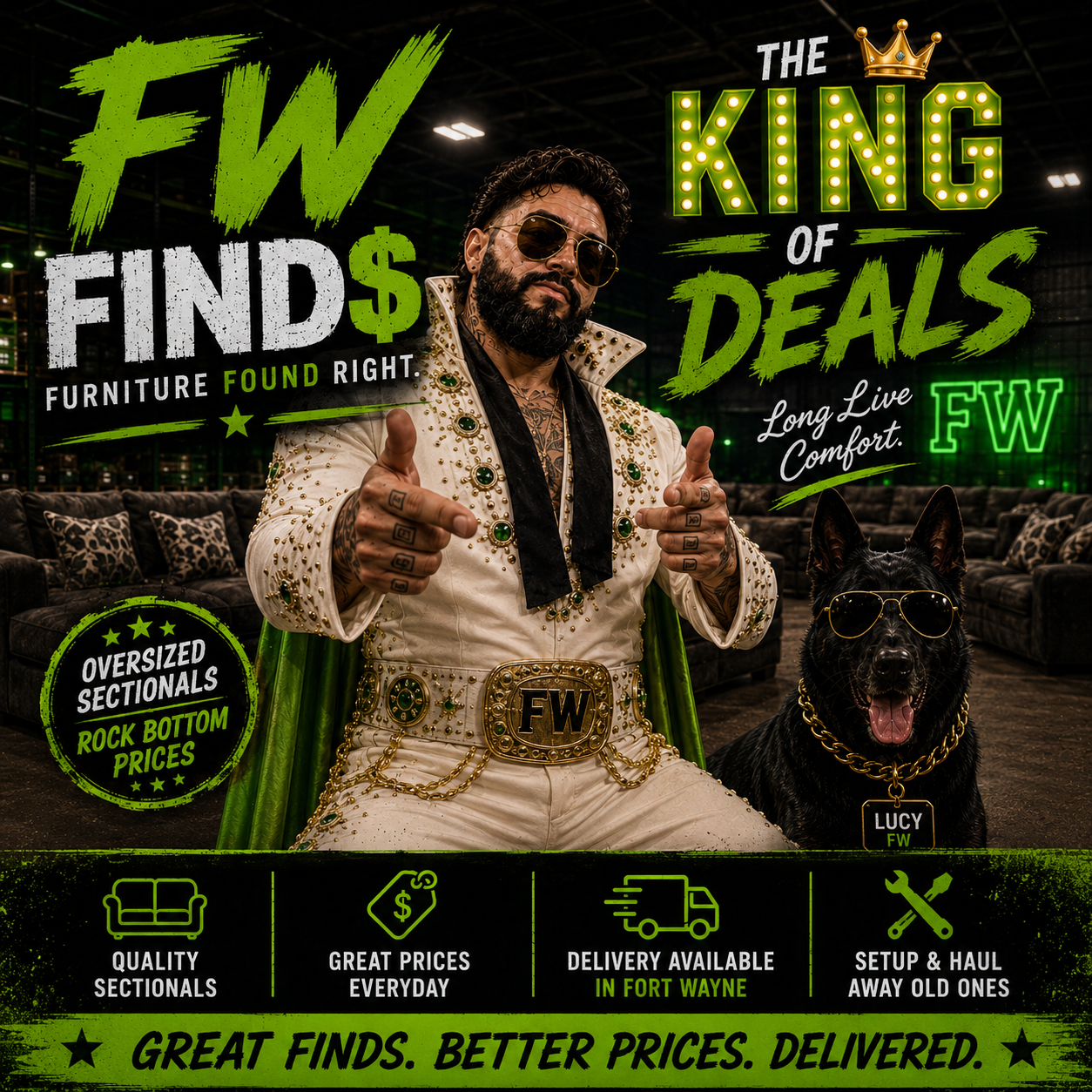 FW Finds King of Deals graphic with oversized sectionals at rock bottom prices