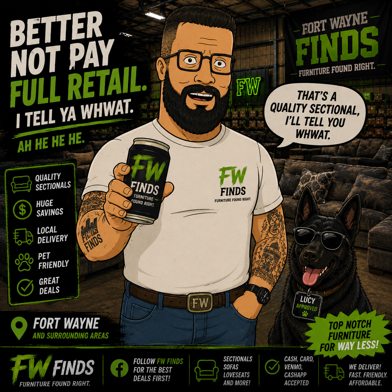 FW Finds graphic: better not pay full retail, top notch furniture for way less